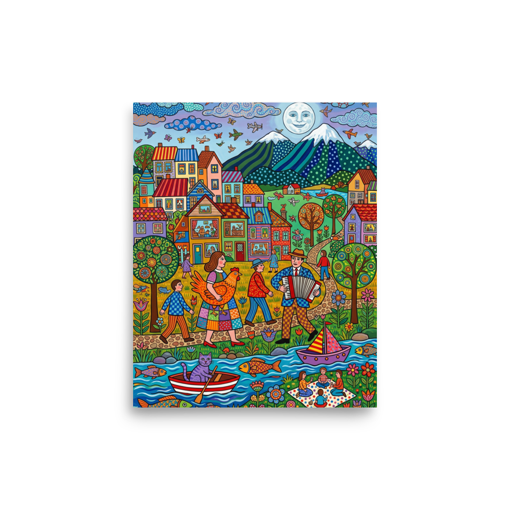 'Moonlit Melody By The River' — a Naive art print. A detailed naive art village scene full of people and animals under a smiling moon, an engaging addition to a vibrant living room.