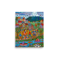 'Moonlit Melody By The River' — a Naive art print. A detailed naive art village scene full of people and animals under a smiling moon, an engaging addition to a vibrant living room.