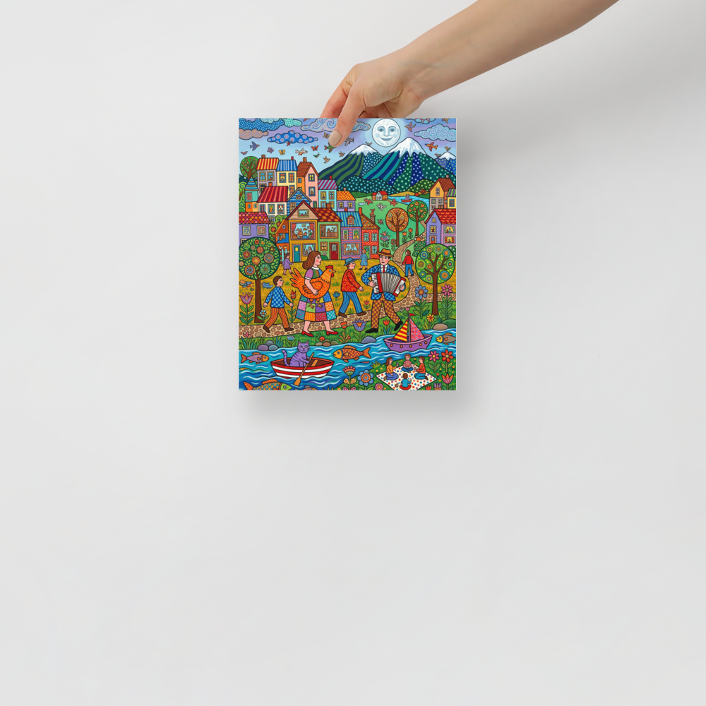 'Moonlit Melody By The River' — a Naive art print. A detailed naive art village scene full of people and animals under a smiling moon, an engaging addition to a vibrant living room.