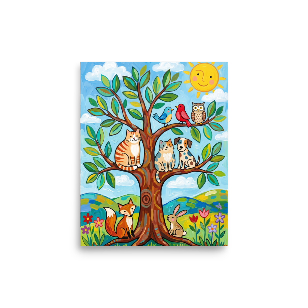 'Friends In The Sunlit Tree' — a Naive art print. A colorful naive art painting of a tree filled with a cat, dog, birds, and an owl, with a fox and rabbit below, under a smiling sun.