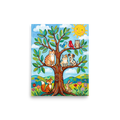 'Friends In The Sunlit Tree' — a Naive art print. A colorful naive art painting of a tree filled with a cat, dog, birds, and an owl, with a fox and rabbit below, under a smiling sun.