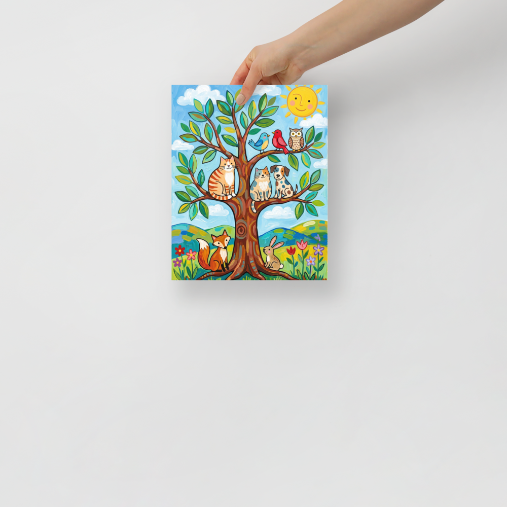 'Friends In The Sunlit Tree' — a Naive art print. A colorful naive art painting of a tree filled with a cat, dog, birds, and an owl, with a fox and rabbit below, under a smiling sun.