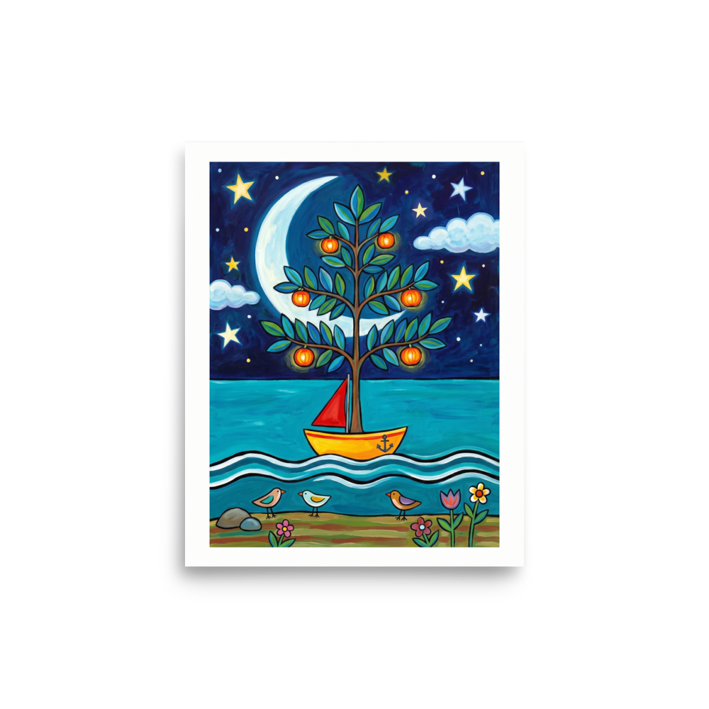 'The Glowing Orchard Boat' — a Naive art print. A dreamy naive art painting featuring a tree with glowing orange fruits growing inside a yellow boat on the water, under a large crescent moon and starry sky.
