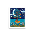 'The Glowing Orchard Boat' — a Naive art print. A dreamy naive art painting featuring a tree with glowing orange fruits growing inside a yellow boat on the water, under a large crescent moon and starry sky.