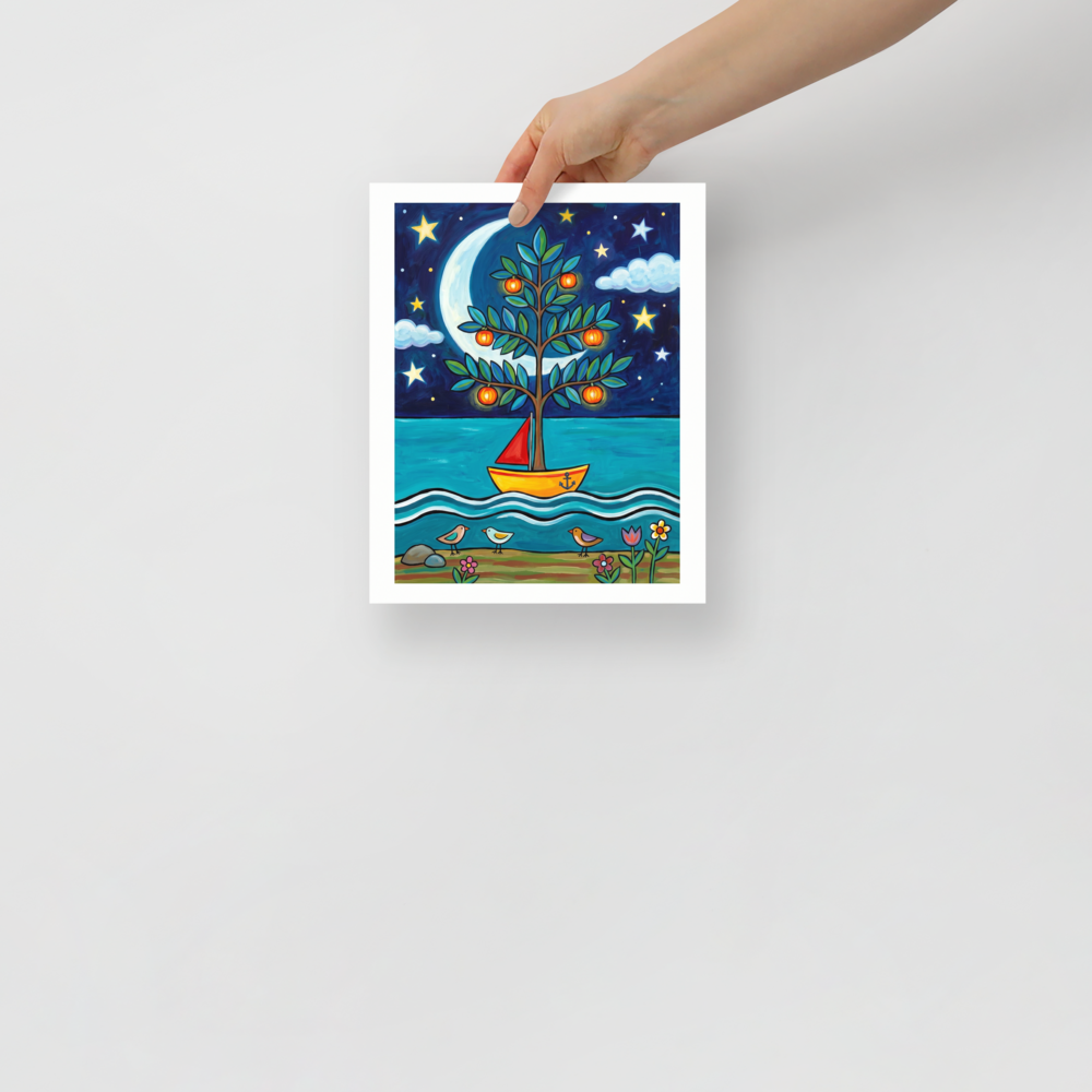'The Glowing Orchard Boat' — a Naive art print. A dreamy naive art painting featuring a tree with glowing orange fruits growing inside a yellow boat on the water, under a large crescent moon and starry sky.