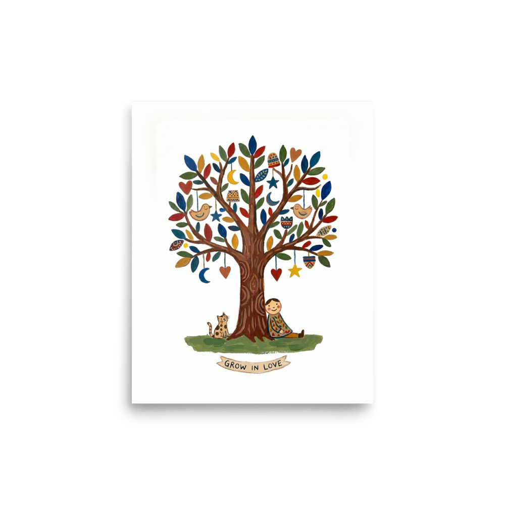 'The Tree Of Love' — a Naive art print. A heartwarming naive art piece showing a person and a spotted cat sitting under a tree decorated with hearts and moons, with a banner reading GROW IN LOVE.
