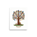 'The Tree Of Love' — a Naive art print. A heartwarming naive art piece showing a person and a spotted cat sitting under a tree decorated with hearts and moons, with a banner reading GROW IN LOVE.