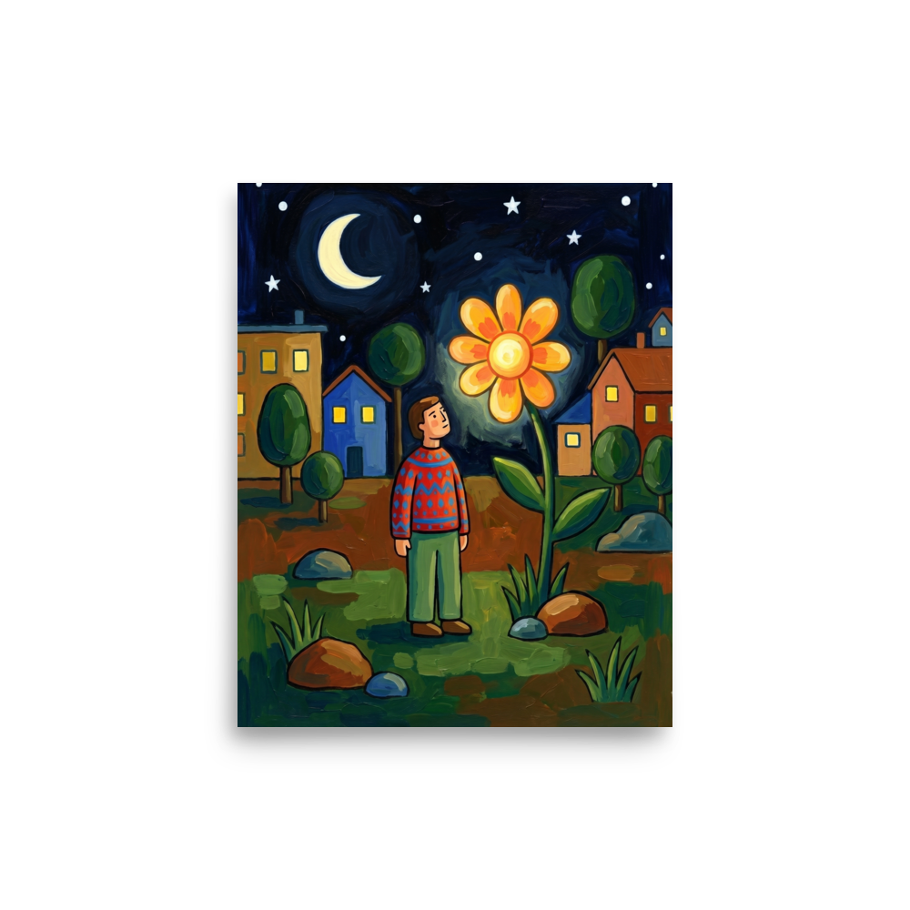 'The Glowing Night Bloom' — a Naive art print. A naive art painting of a person looking at a giant glowing orange flower at night, with a crescent moon and houses in the background.