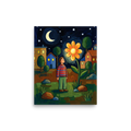'The Glowing Night Bloom' — a Naive art print. A naive art painting of a person looking at a giant glowing orange flower at night, with a crescent moon and houses in the background.