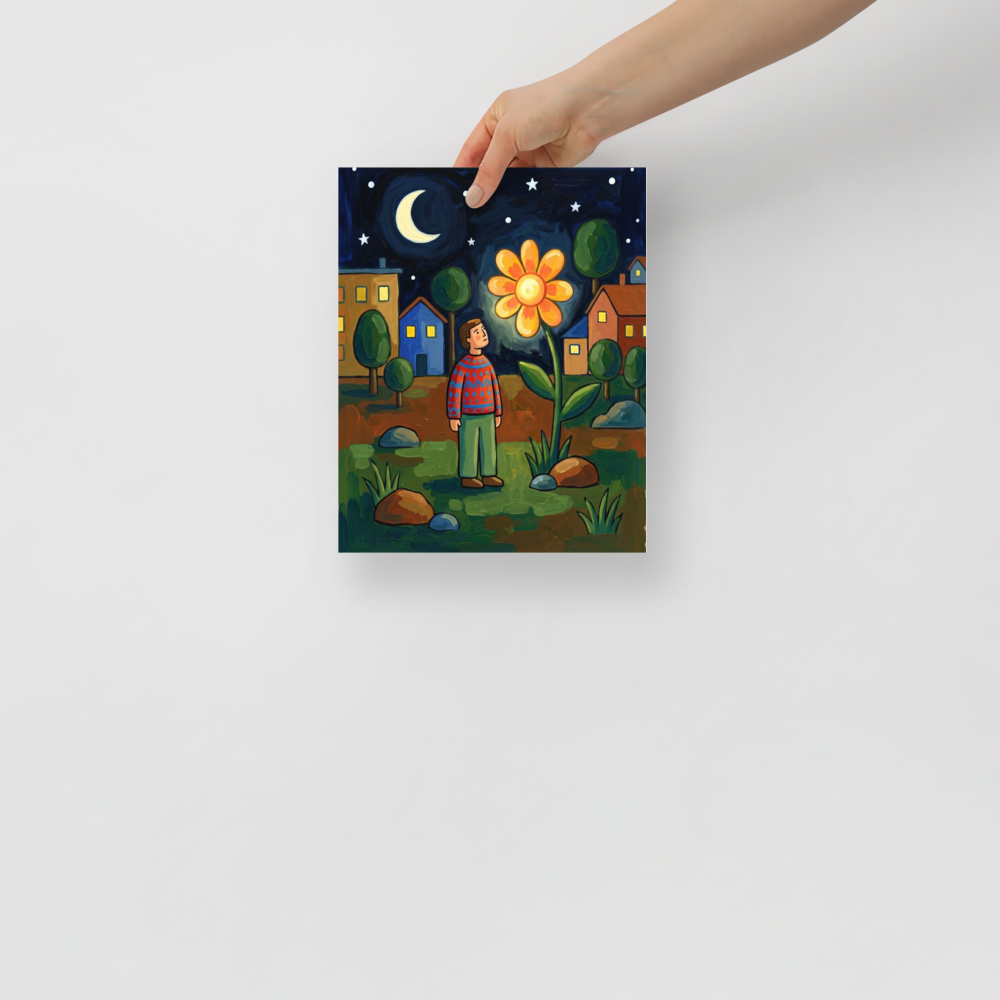 'The Glowing Night Bloom' — a Naive art print. A naive art painting of a person looking at a giant glowing orange flower at night, with a crescent moon and houses in the background.