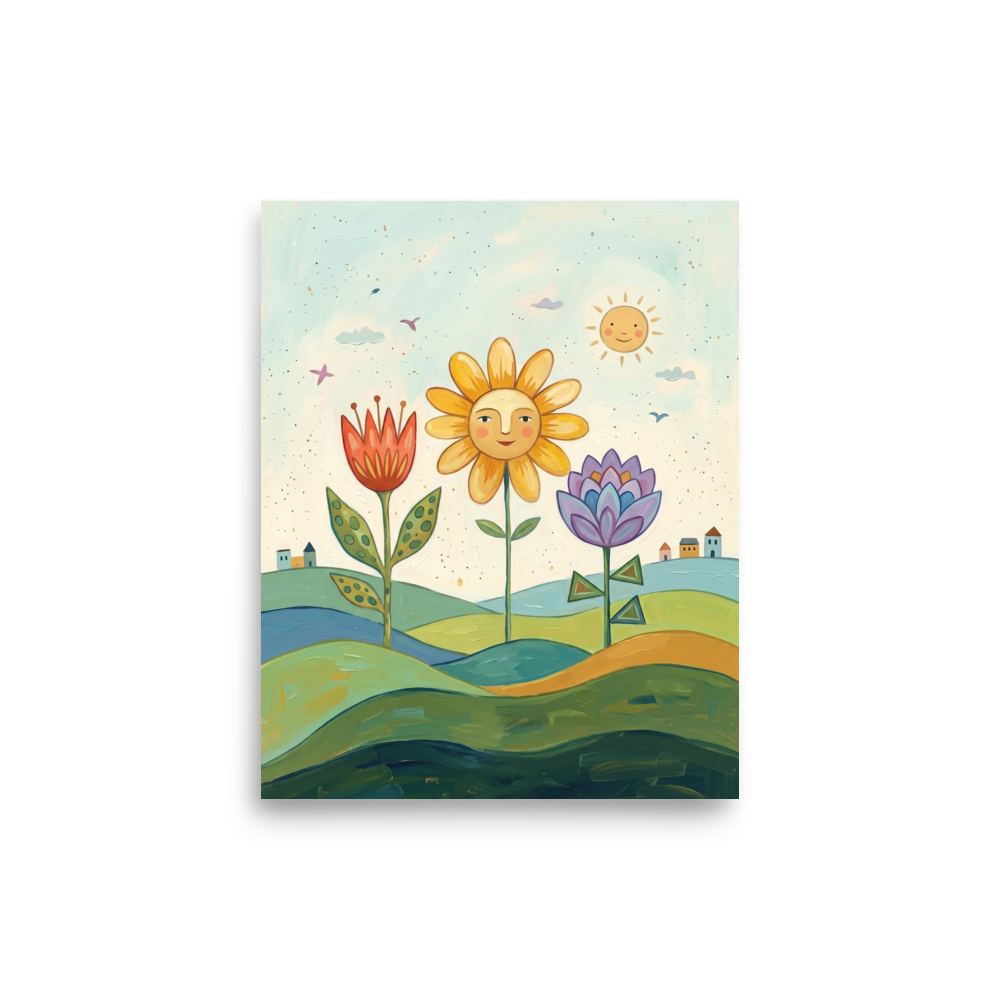 'Smiling Flowers In The Sun' — a Naive art print. A colorful naive art painting of three smiling flowers on green hills under a smiling sun, with tiny houses in the distance.