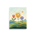 'Smiling Flowers In The Sun' — a Naive art print. A colorful naive art painting of three smiling flowers on green hills under a smiling sun, with tiny houses in the distance.