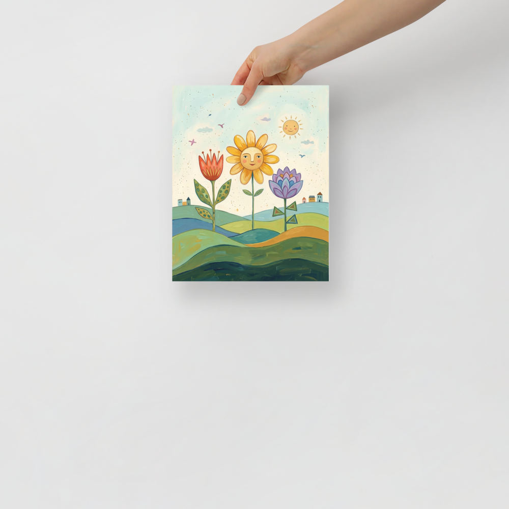 'Smiling Flowers In The Sun' — a Naive art print. A colorful naive art painting of three smiling flowers on green hills under a smiling sun, with tiny houses in the distance.