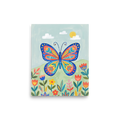 'The Joyful Butterfly' — a Naive art print. A vibrant naive art painting of a large, colorful butterfly with intricate patterns flying over a field of stylized flowers under a sunny sky.