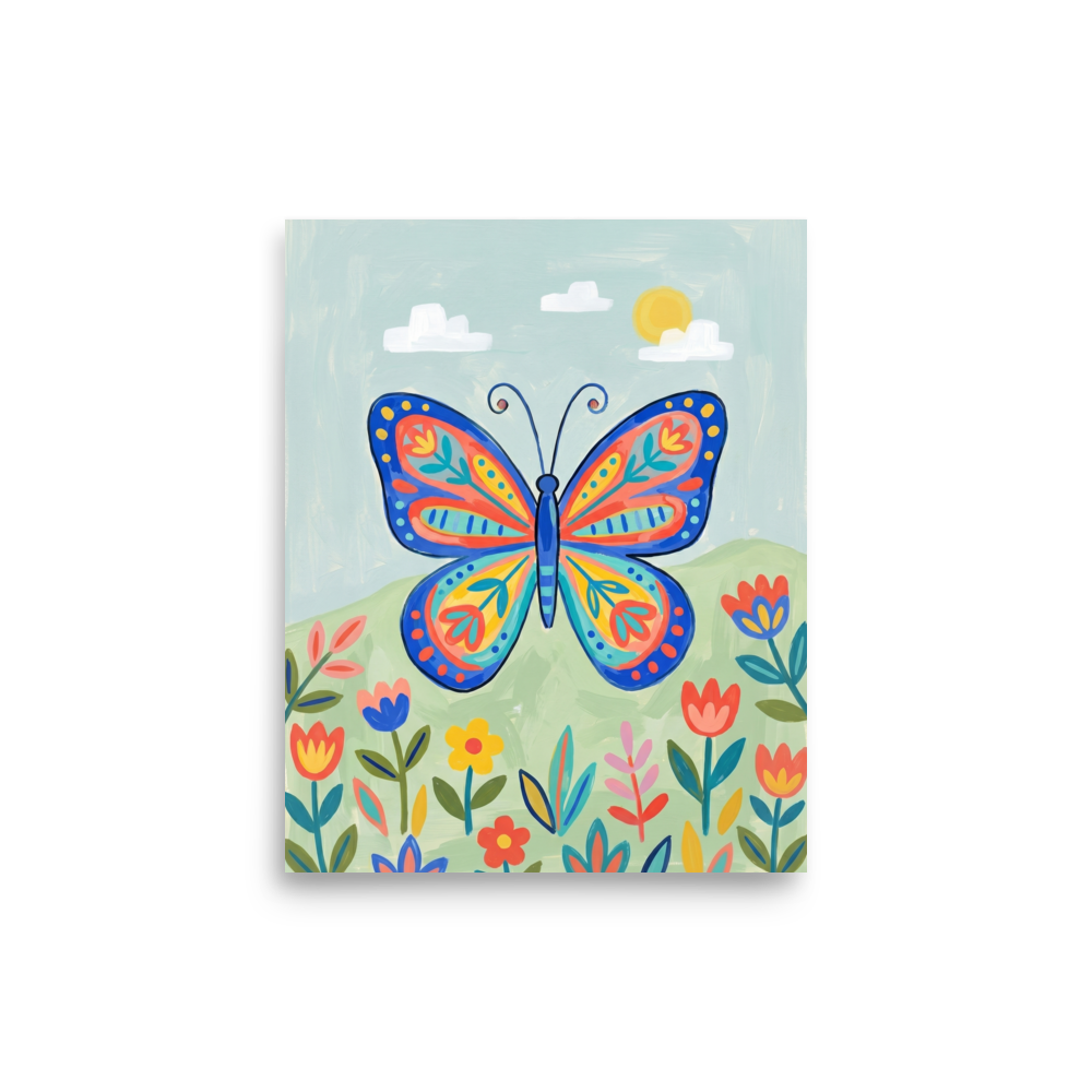 'The Joyful Butterfly' — a Naive art print. A vibrant naive art painting of a large, colorful butterfly with intricate patterns flying over a field of stylized flowers under a sunny sky.