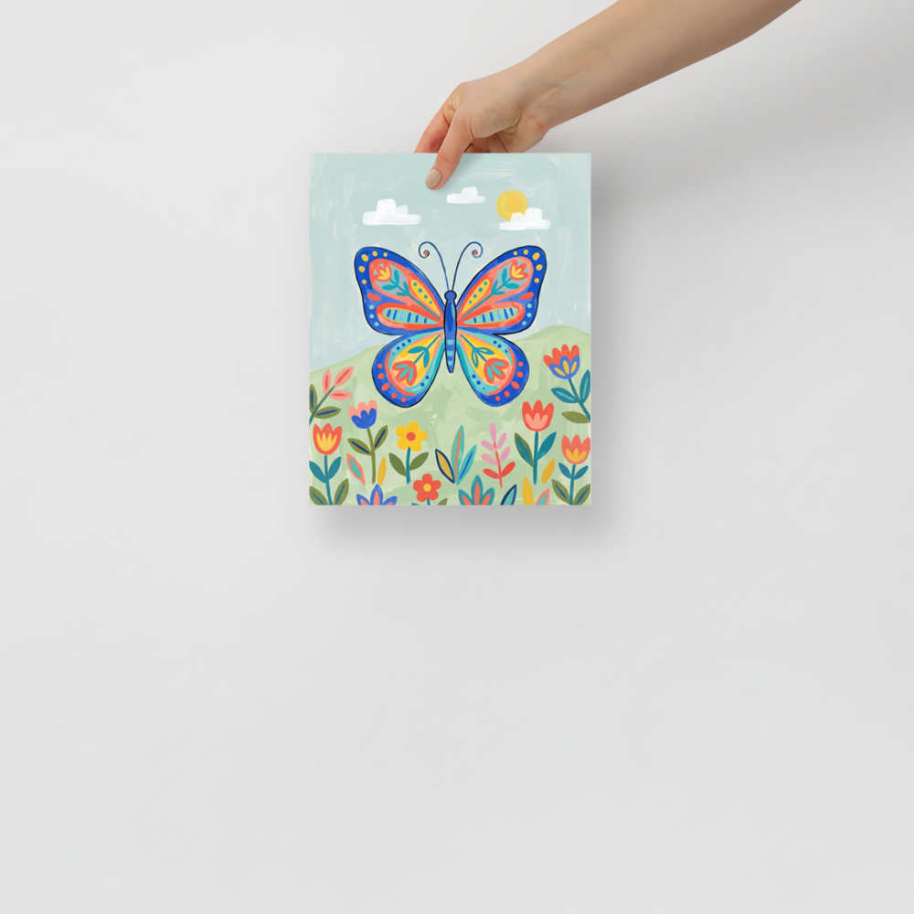 'The Joyful Butterfly' — a Naive art print. A vibrant naive art painting of a large, colorful butterfly with intricate patterns flying over a field of stylized flowers under a sunny sky.