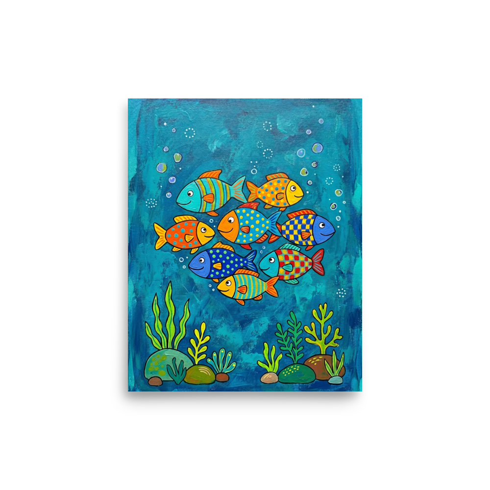 'Colorful Ocean Friends' — a Naive art print. A colorful naive art painting of a school of patterned fish swimming underwater among seaweed and bubbles, perfect for a lively bathroom.