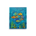 'Colorful Ocean Friends' — a Naive art print. A colorful naive art painting of a school of patterned fish swimming underwater among seaweed and bubbles, perfect for a lively bathroom.