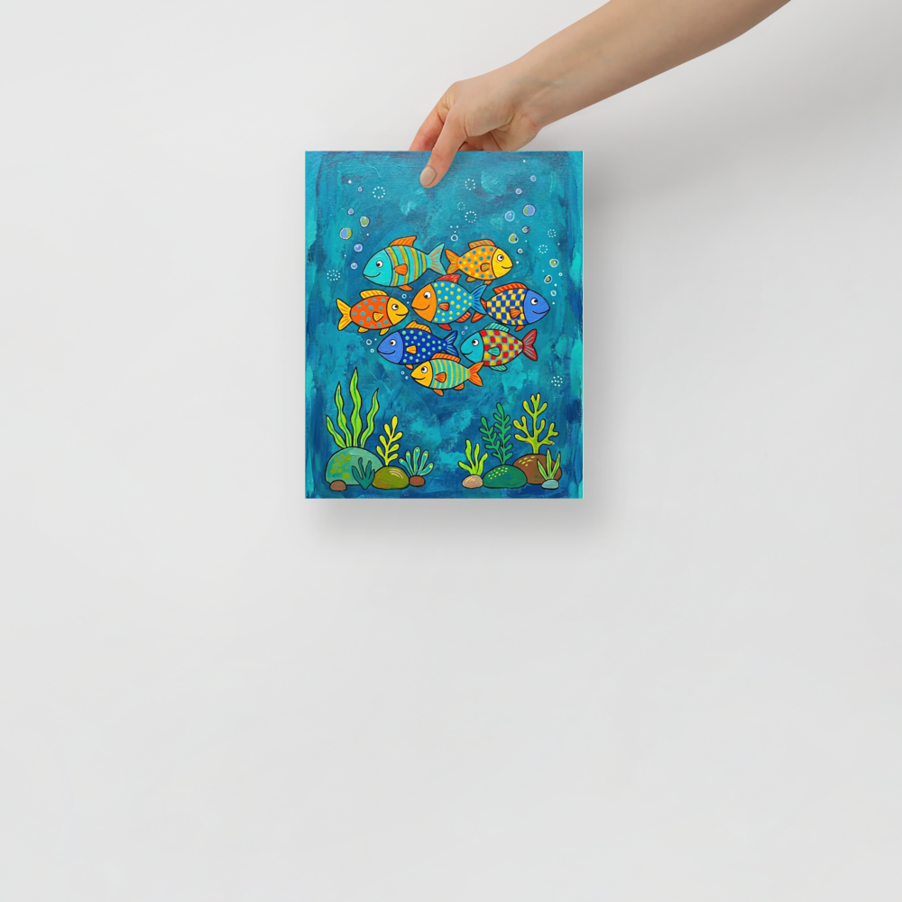 'Colorful Ocean Friends' — a Naive art print. A colorful naive art painting of a school of patterned fish swimming underwater among seaweed and bubbles, perfect for a lively bathroom.