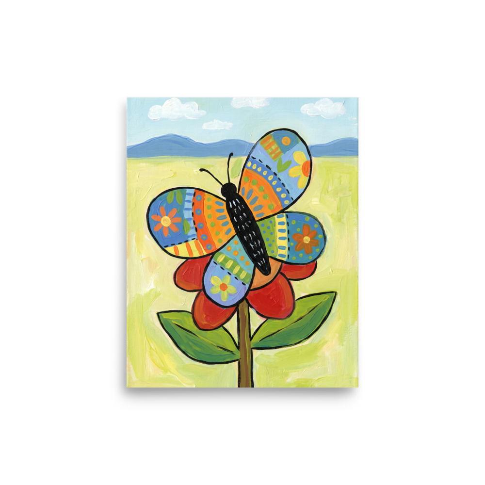 'The Patchwork Butterfly' — a Naive art print. A colorful, patchwork-style butterfly resting on a red flower in a bright meadow, perfect for a cheerful nursery or sunroom.