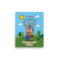 'Love Connects Us All' — a Naive art print. A smiling couple hugging outdoors under hearts and the words 'LOVE CONNECTS US ALL', ideal for a cozy bedroom or living room.