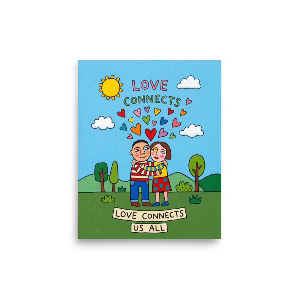 'Love Connects Us All' — a Naive art print. A smiling couple hugging outdoors under hearts and the words 'LOVE CONNECTS US ALL', ideal for a cozy bedroom or living room.