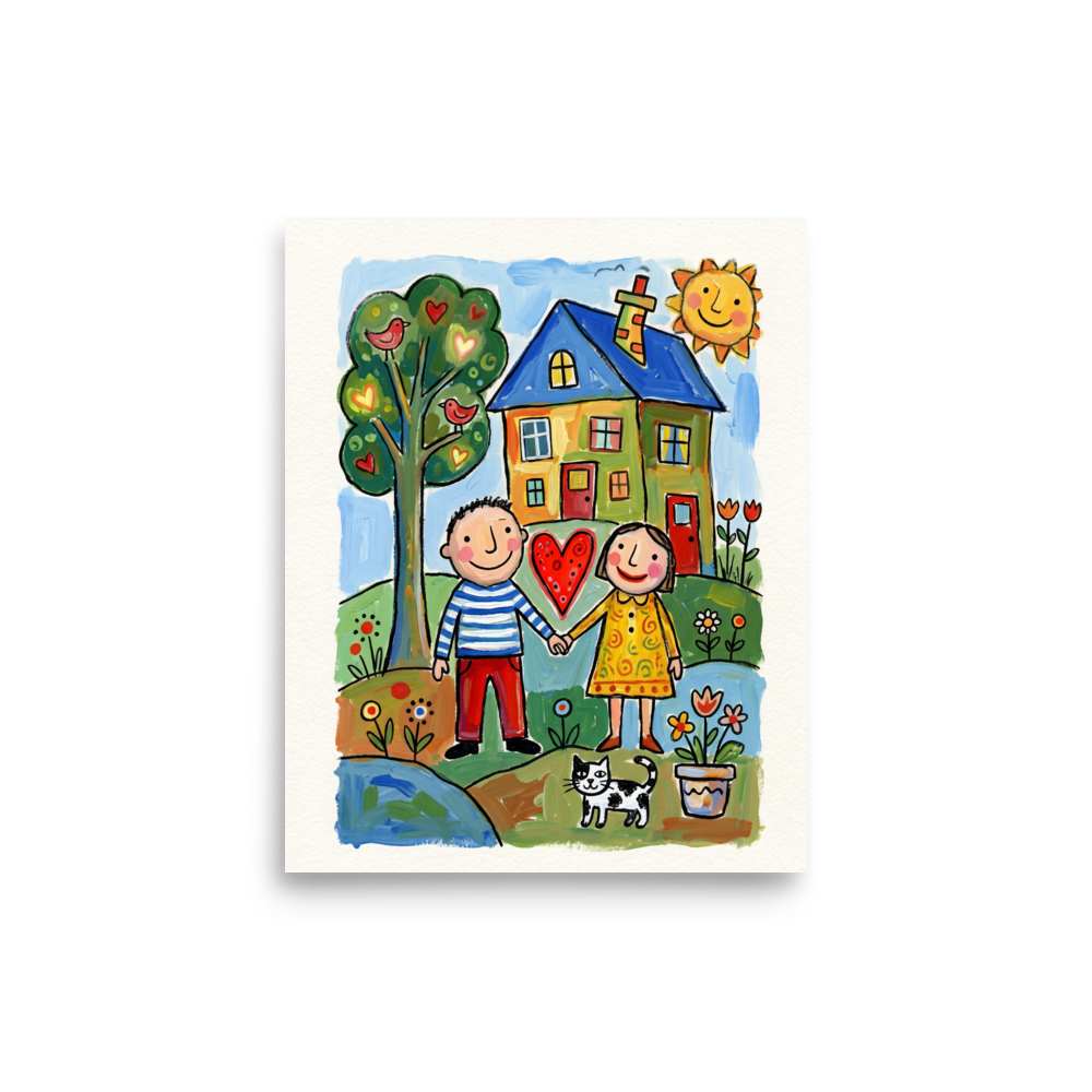 'Our Little Home' — a Naive art,Folk art print. A smiling couple holding hands in front of a colorful house, a tree with heart apples, and a black and white cat, perfect for a family living room.