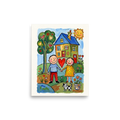'Our Little Home' — a Naive art,Folk art print. A smiling couple holding hands in front of a colorful house, a tree with heart apples, and a black and white cat, perfect for a family living room.