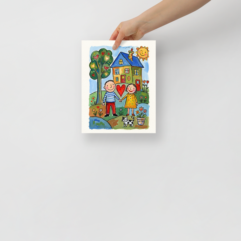 'Our Little Home' — a Naive art,Folk art print. A smiling couple holding hands in front of a colorful house, a tree with heart apples, and a black and white cat, perfect for a family living room.