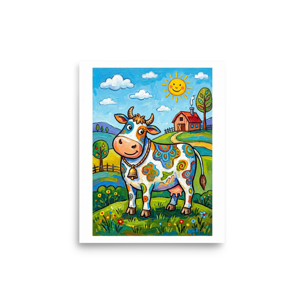 'The Rainbow Cow' — a Naive art print. A colorful cow covered in swirls and patterns standing in a sunny green pasture near a little farmhouse, great for a whimsical kitchen.
