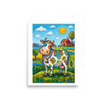 'The Rainbow Cow' — a Naive art print. A colorful cow covered in swirls and patterns standing in a sunny green pasture near a little farmhouse, great for a whimsical kitchen.