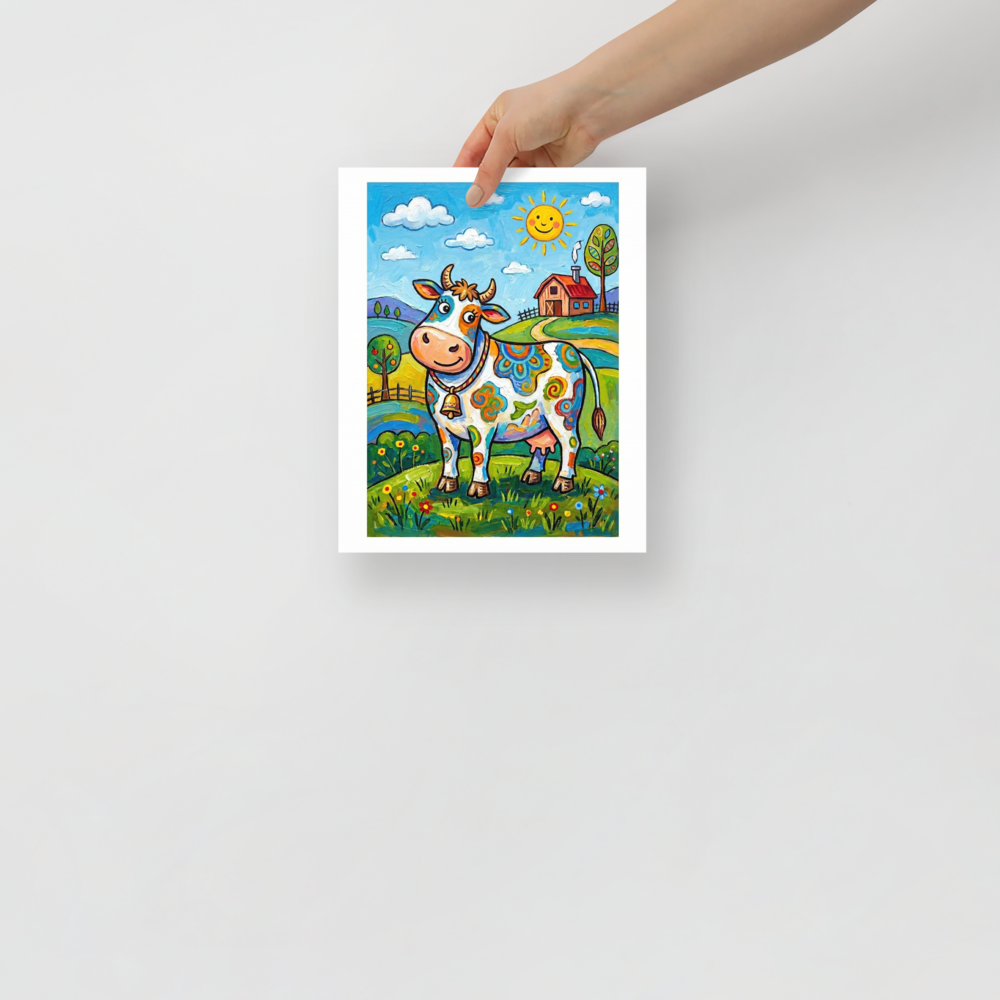 'The Rainbow Cow' — a Naive art print. A colorful cow covered in swirls and patterns standing in a sunny green pasture near a little farmhouse, great for a whimsical kitchen.