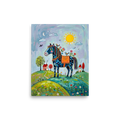 'The Starlit Steed' — a Naive art print. A decorative blue horse with braided mane standing on green hills under a sun and moon, perfect for a cozy bedroom or nursery.