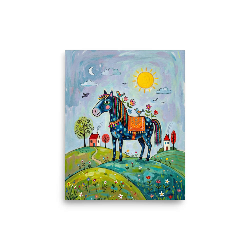'The Starlit Steed' — a Naive art print. A decorative blue horse with braided mane standing on green hills under a sun and moon, perfect for a cozy bedroom or nursery.