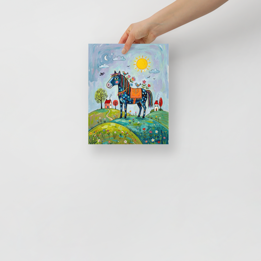'The Starlit Steed' — a Naive art print. A decorative blue horse with braided mane standing on green hills under a sun and moon, perfect for a cozy bedroom or nursery.