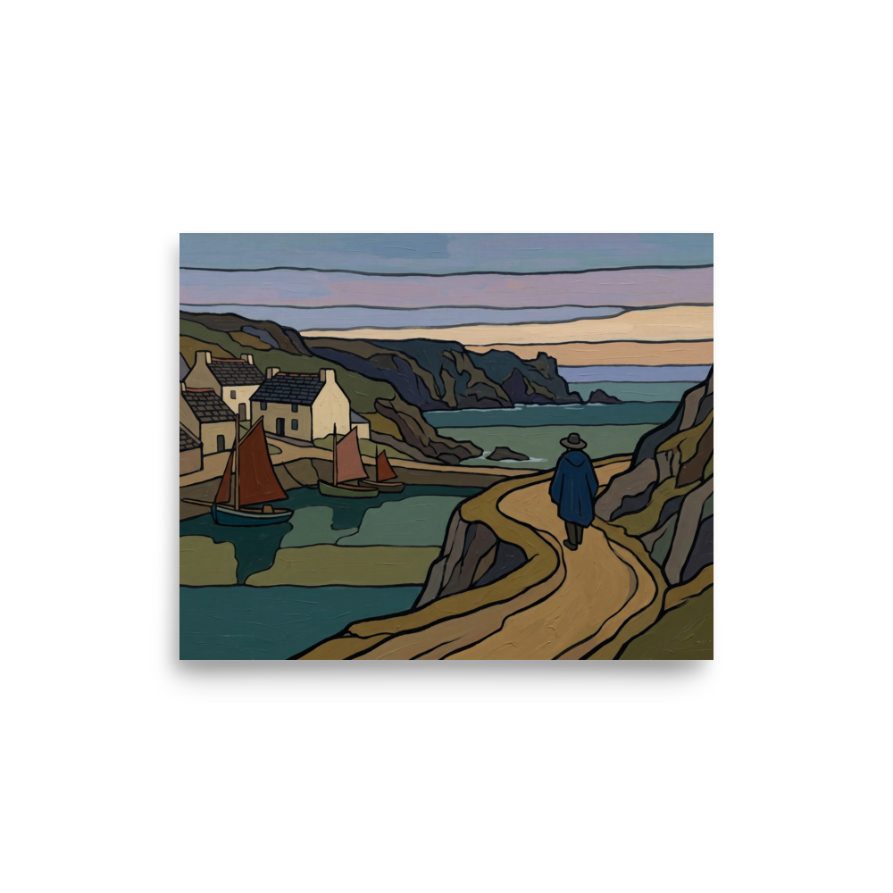 'The Winding Coastal Path' — a Cloisonnism print. A moody Cloisonnism painting of a traveler walking a winding path near a coastal village, ideal for a quiet library.