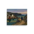 'The Winding Coastal Path' — a Cloisonnism print. A moody Cloisonnism painting of a traveler walking a winding path near a coastal village, ideal for a quiet library.