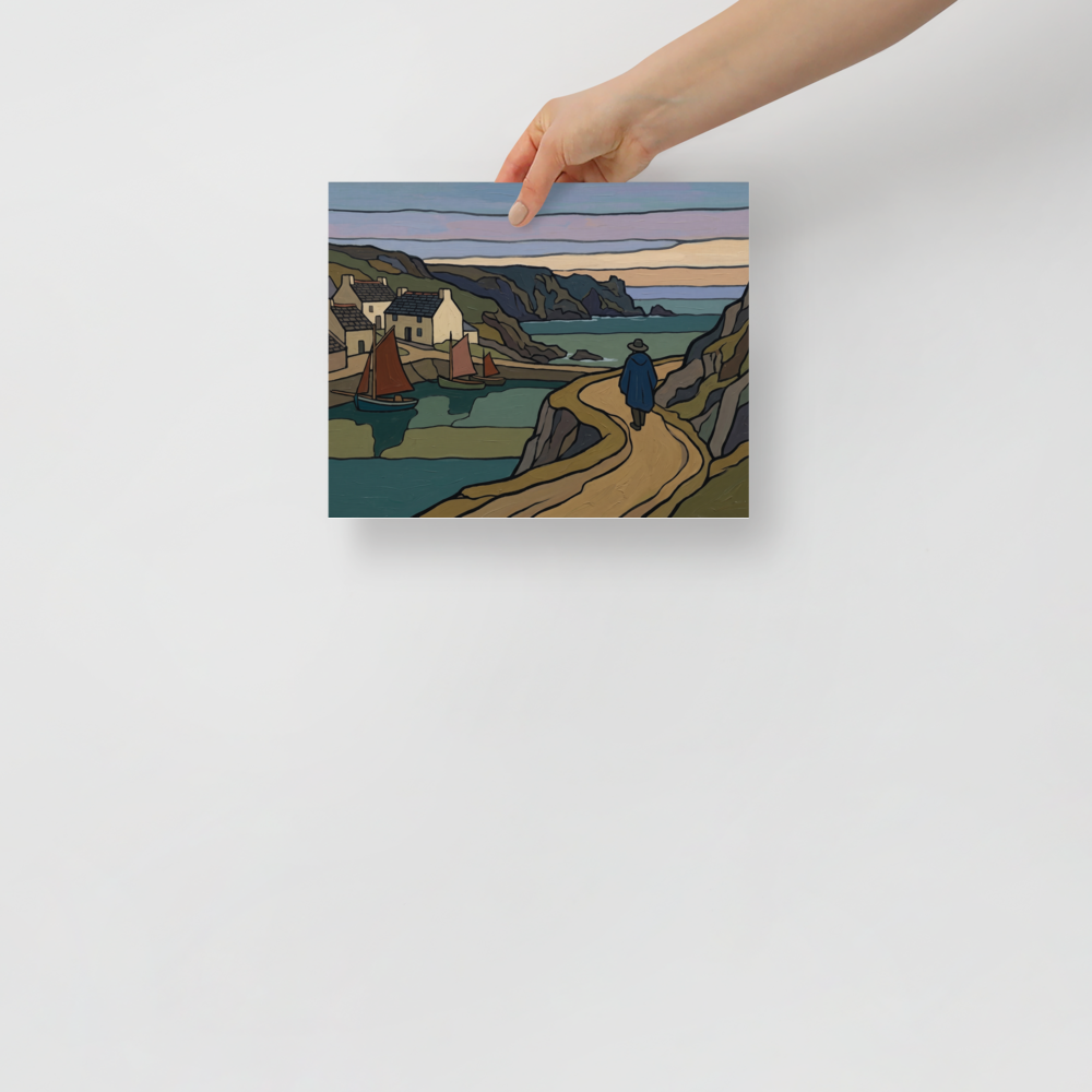 'The Winding Coastal Path' — a Cloisonnism print. A moody Cloisonnism painting of a traveler walking a winding path near a coastal village, ideal for a quiet library.
