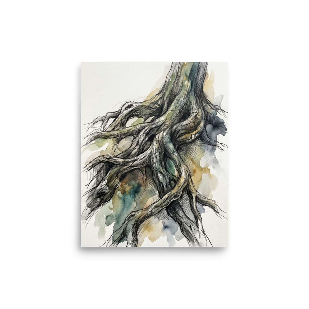 'Twisted Roots' — a Expressionism,Realism print. An expressive watercolor sketch of twisted tree roots, ideal for a Library.