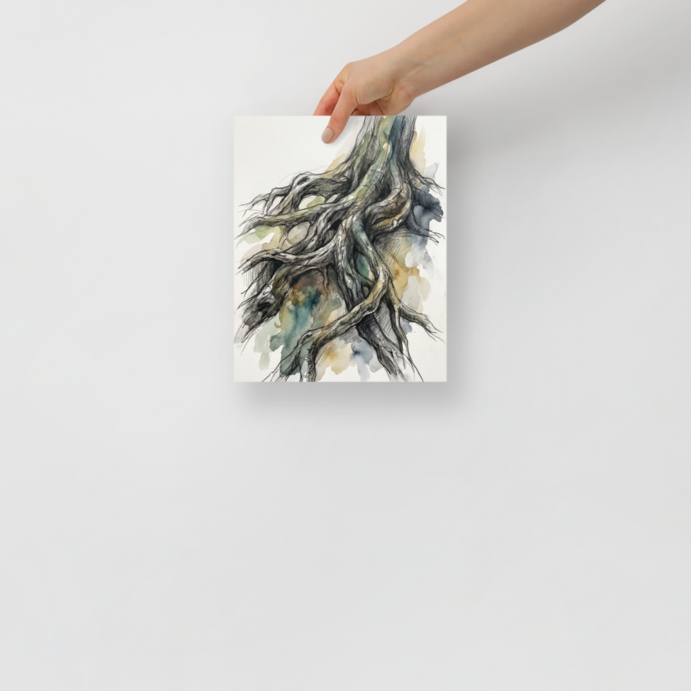 'Twisted Roots' — a Expressionism,Realism print. An expressive watercolor sketch of twisted tree roots, ideal for a Library.