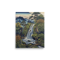 'Hidden Falls' — a Ukiyo-e print. A Japanese Ukiyo-e style illustration of a waterfall, pine trees, and a wooden bridge, perfect for a Living Room.