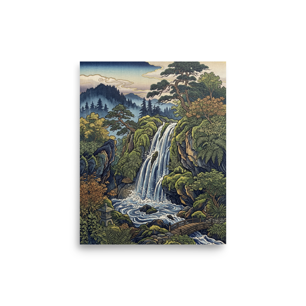 'Hidden Falls' — a Ukiyo-e print. A Japanese Ukiyo-e style illustration of a waterfall, pine trees, and a wooden bridge, perfect for a Living Room.
