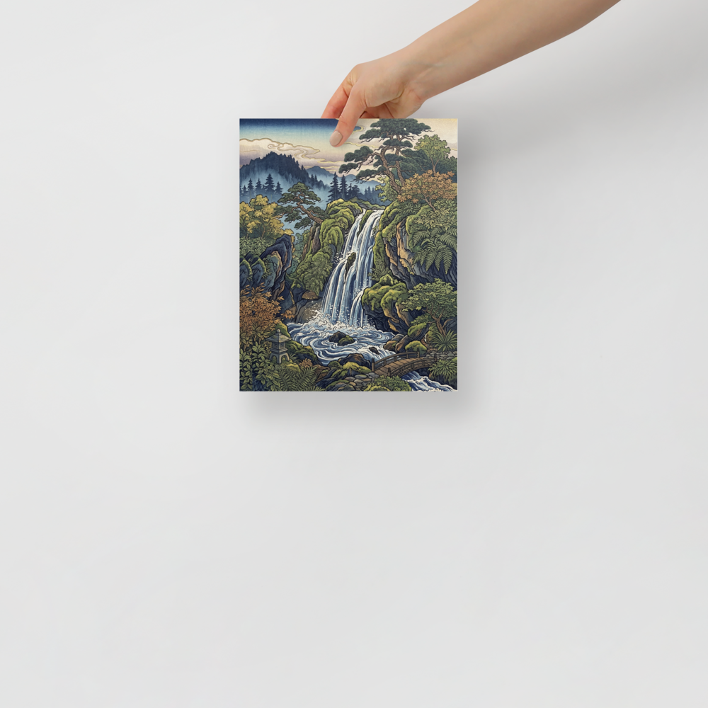 'Hidden Falls' — a Ukiyo-e print. A Japanese Ukiyo-e style illustration of a waterfall, pine trees, and a wooden bridge, perfect for a Living Room.