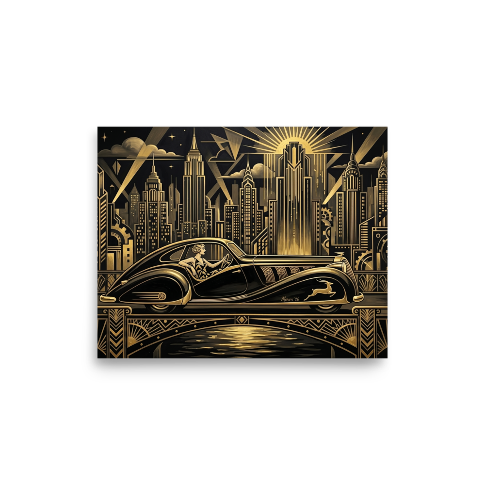 'The Golden Drive' — a Art Deco print. A sleek black and gold vintage car driving over a geometric bridge at night in an Art Deco city, perfect for an Office.