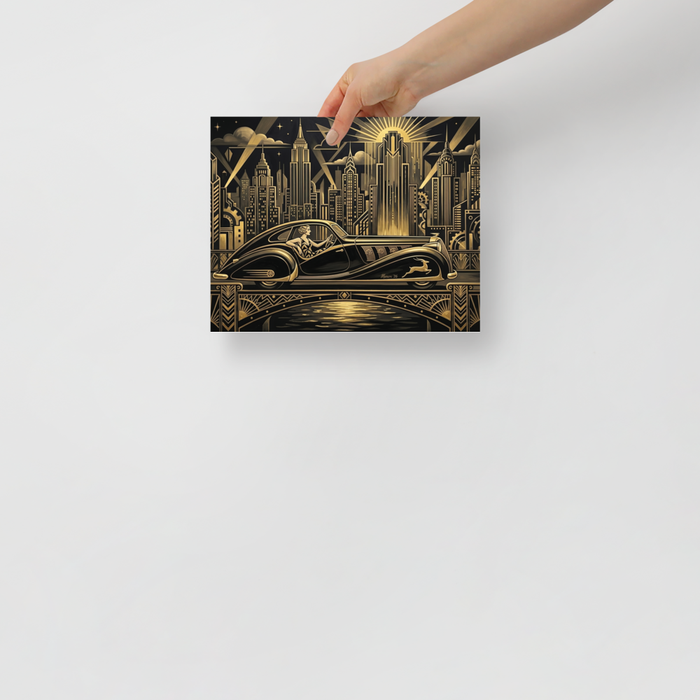 'The Golden Drive' — a Art Deco print. A sleek black and gold vintage car driving over a geometric bridge at night in an Art Deco city, perfect for an Office.