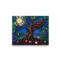 'The Tree of Nurture' — a Cloisonnism print. A bright Cloisonnism style painting of a tree with a bird nest and heart-shaped roots under a large sun, perfect for a cozy nursery.