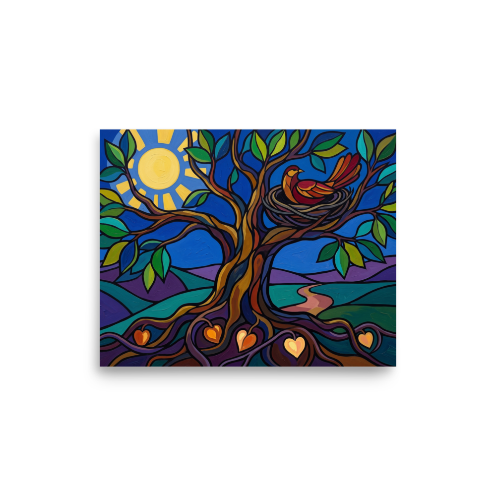'The Tree of Nurture' — a Cloisonnism print. A bright Cloisonnism style painting of a tree with a bird nest and heart-shaped roots under a large sun, perfect for a cozy nursery.