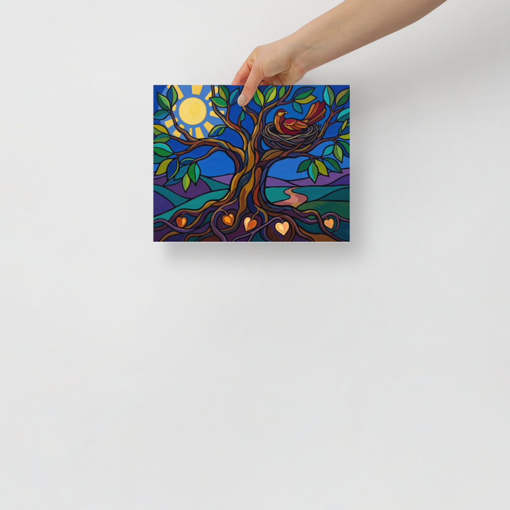 'The Tree of Nurture' — a Cloisonnism print. A bright Cloisonnism style painting of a tree with a bird nest and heart-shaped roots under a large sun, perfect for a cozy nursery.