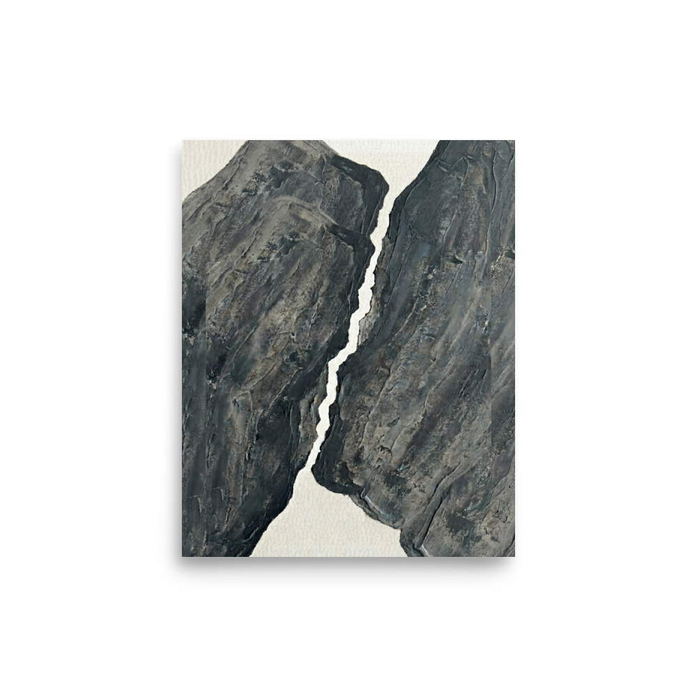 'Fractured Slate' — a Abstract art,Minimalism print. A textured abstract painting featuring two dark grey impasto shapes separated by a jagged white rift, perfect for a modern bedroom or office.