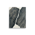 'Fractured Slate' — a Abstract art,Minimalism print. A textured abstract painting featuring two dark grey impasto shapes separated by a jagged white rift, perfect for a modern bedroom or office.